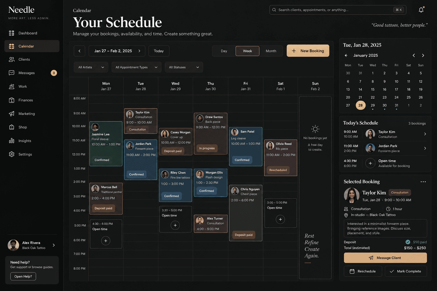 Needle calendar design preview with weekly appointments and artist availability.
