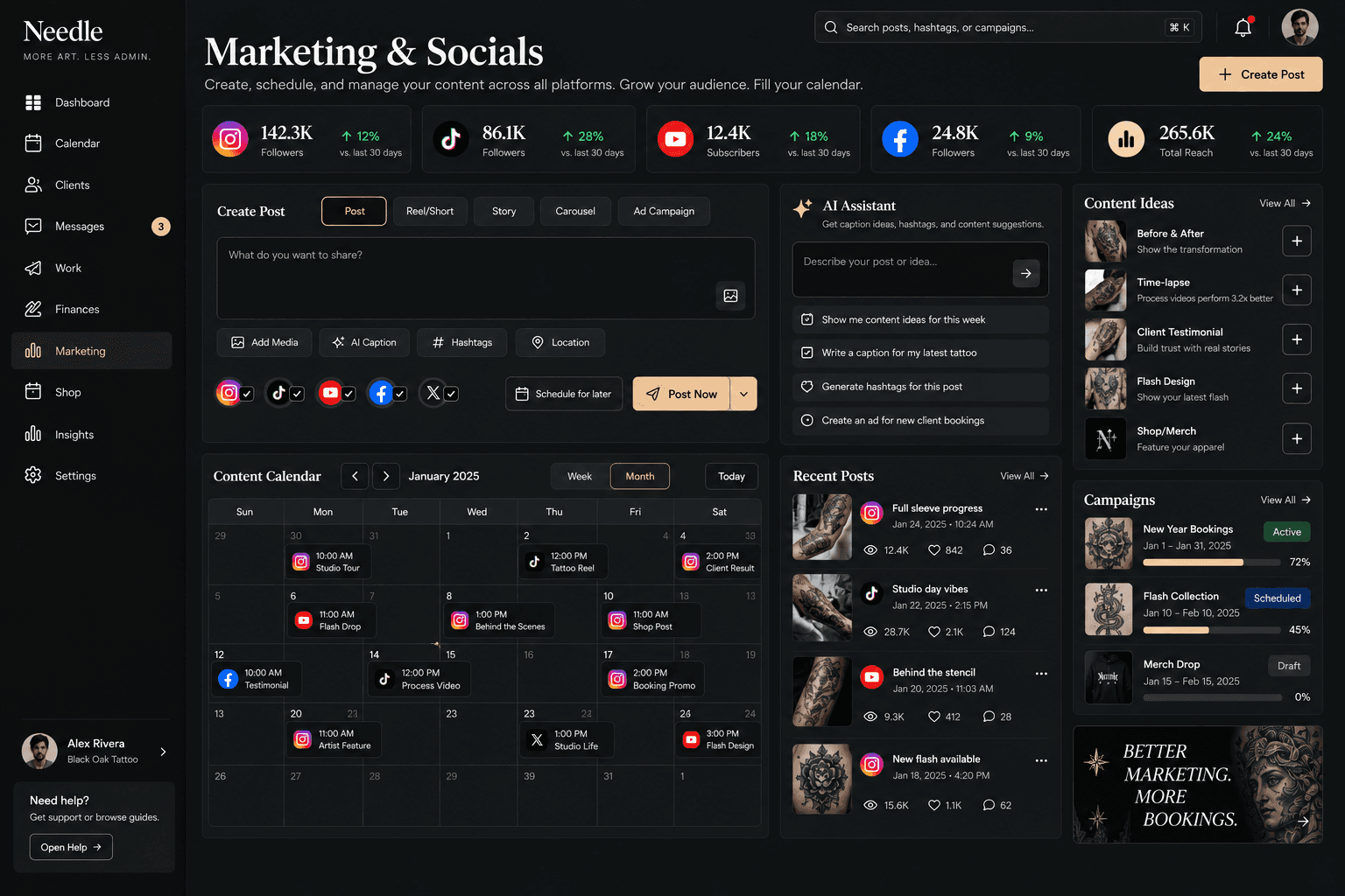 Needle marketing and social content design preview with a post composer and illustrative metrics.